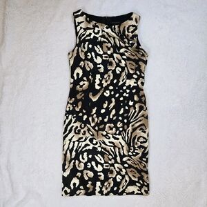 David Meister Sheath Dress Sleeveless Leopard Print Satin Black Brown Size 8